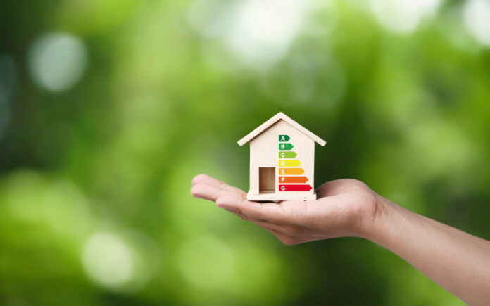 House energy efficiency, energy efficient rating class concept, eco home renovation save cost.