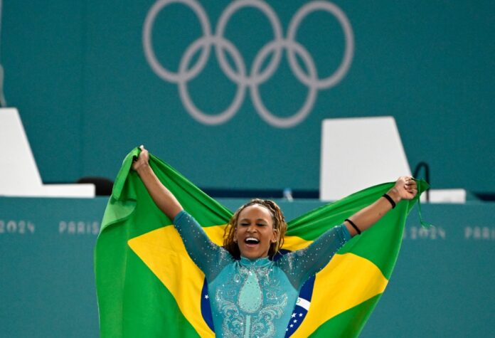 Paris-France, August 5, 2024, artistic gymnastics. Rebeca Andrade wins gold medal at the Paris Games.