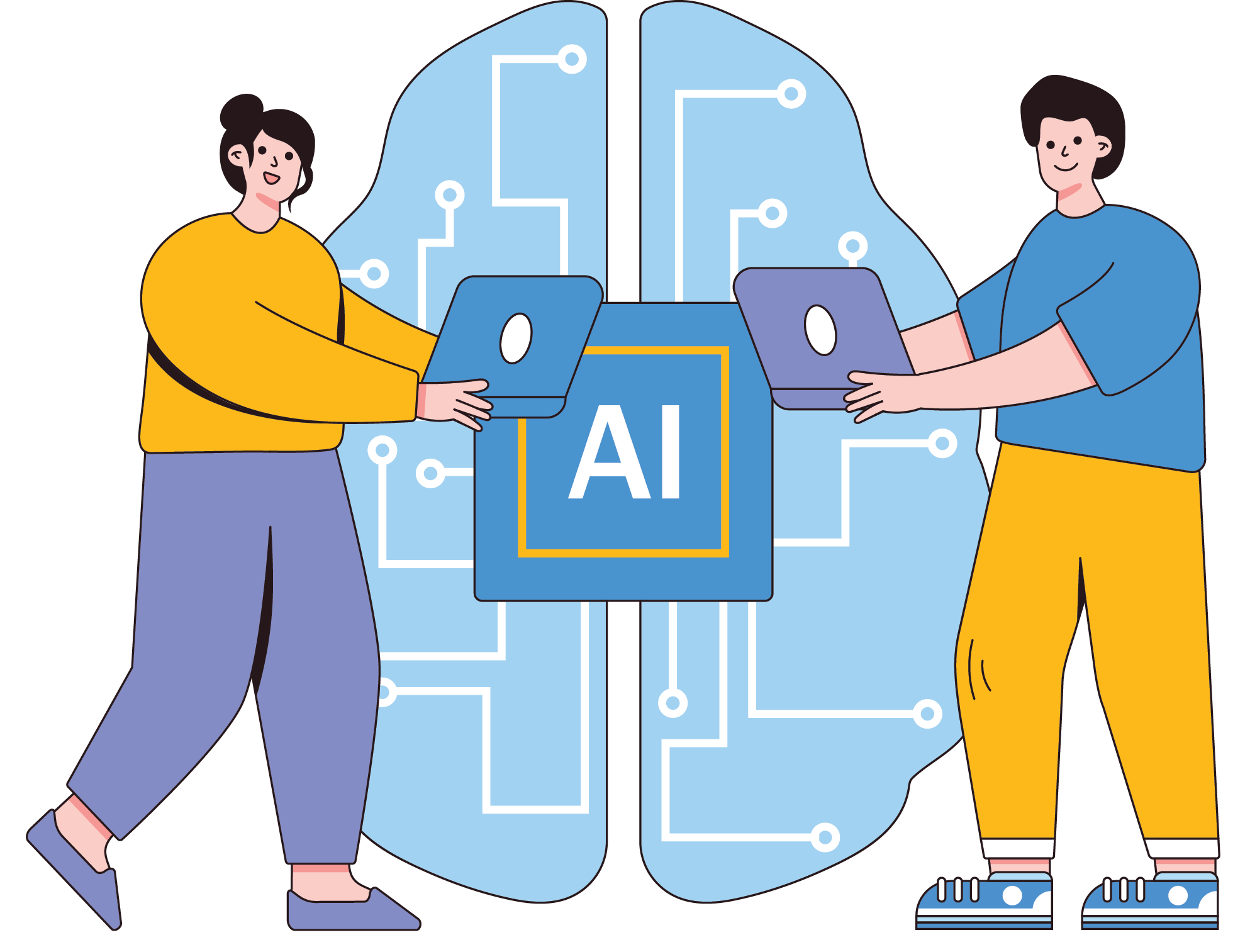 AI being held by 2 employees