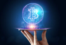 Male hand, bitcoin hologram, ultraviolet creative background