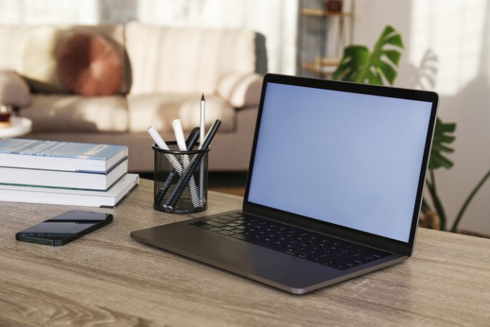 Blank screen laptop, cell phone and a cup on wooden table. Cozy lofty office with house plants full of natural sunlight