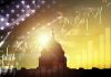 Silhouette of White House with united state of America flag and stock market chart for USA election president related with economy and investment