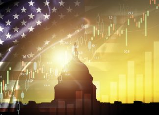 Silhouette of White House with united state of America flag and stock market chart for USA election president related with economy and investment