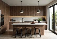 Modern designer kitchen interior in dark tones