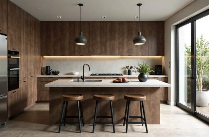 Modern designer kitchen interior in dark tones