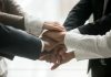 Diverse business team holding pile of hands promising loyalty