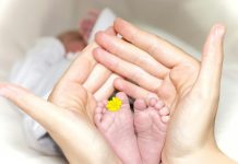 Person holding babys toe with yellow petaled flower