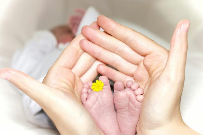 Person holding babys toe with yellow petaled flower