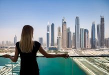 balcony with view of skyscrapers Dubai UAE