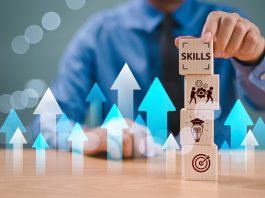 Skill competency development concept. Up new ability skill training for technology evolution. Leadership thinking upskill. Hand hold wooden cube, soft skill digital icon. Education learning talent