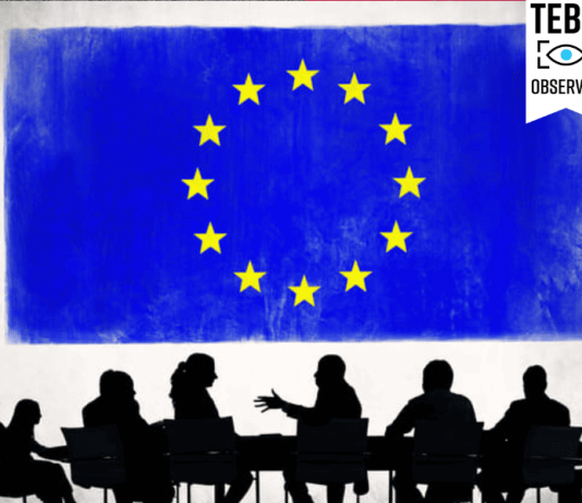Business People Discussing with Flag of European Union Behind. International conflict concept