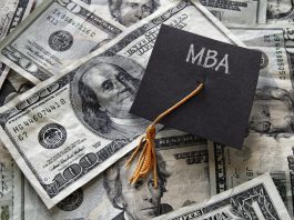 Minil MBA graduation cap on assorted cash -Masters of Business Administration programs