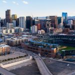 Aerial panorama of ballpark during rush hour during Covid-19 stay at home policy in Denver