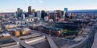 Aerial panorama of ballpark during rush hour during Covid-19 stay at home policy in Denver