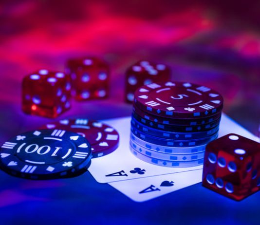 Casino abstract photo. Poker game on red background. Pin up casino