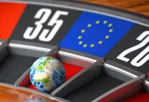 Earth as a ball of casino roulette with european union EU flag in winning number.