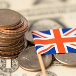 Loan providers in UK. United Kingdom Flag on coins background