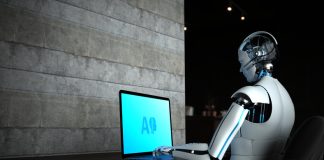AI robot working on computer. Agentic AI concept
