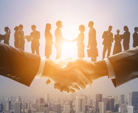 business network, shaking hands with client