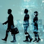 Walking business person. Digital transformation. Concept of free politics