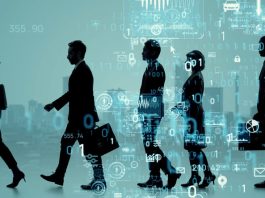 Walking business person. Digital transformation. Concept of free politics