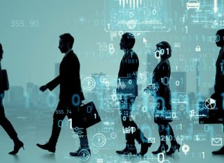 Walking business person. Digital transformation. Concept of free politics