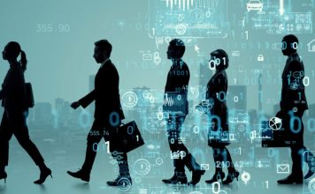 Walking business person. Digital transformation. Concept of free politics
