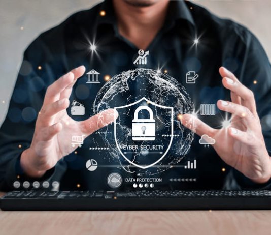 Businessman holding shield protect icon. Protection network security computer and safe your data concept, lock symbol, concept about security, cybersecurity and protection against dangers.