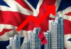 The United Kingdom real estate market is crashing and going down, red background with flag and glowing houses