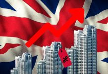 The United Kingdom real estate market is crashing and going down, red background with flag and glowing houses