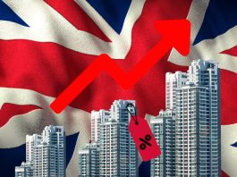 The United Kingdom real estate market is crashing and going down, red background with flag and glowing houses
