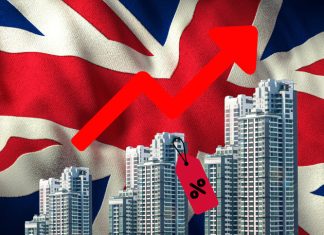 The United Kingdom real estate market is crashing and going down, red background with flag and glowing houses