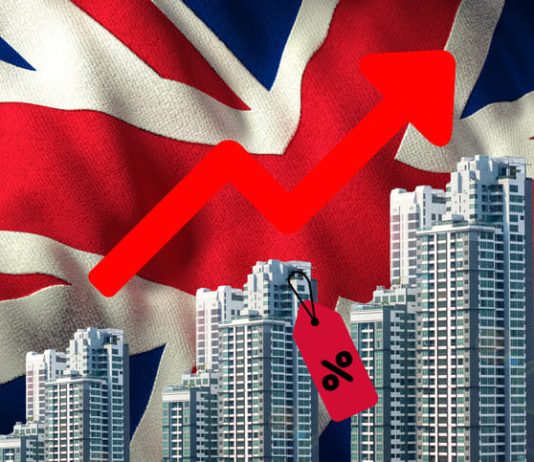 The United Kingdom real estate market is crashing and going down, red background with flag and glowing houses