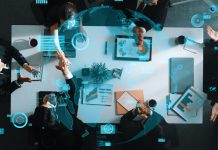 Top down aerial view of skilled business team listening manager present global networking system while giving a high five to encourage or motivate team for Continuity in business.