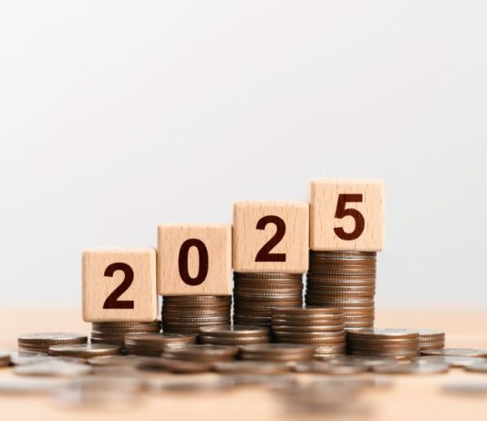 2025 new year goal plan action with 2025 in wooden cube with pile of growing coins
