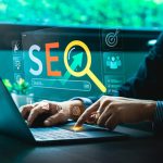 Digital Marketing Expert Analyzing SEO Strategies on Laptop with Futuristic Virtual Interface, Highlighting Search Engine Optimization, Website Ranking, Online Growth, Effective Business Visibility