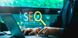Digital Marketing Expert Analyzing SEO Strategies on Laptop with Futuristic Virtual Interface, Highlighting Search Engine Optimization, Website Ranking, Online Growth, Effective Business Visibility