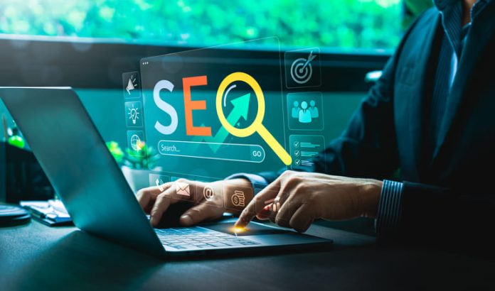 Digital Marketing Expert Analyzing SEO Strategies on Laptop with Futuristic Virtual Interface, Highlighting Search Engine Optimization, Website Ranking, Online Growth, Effective Business Visibility