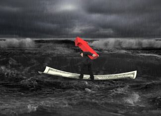 Businessman carrying red arrow up sign on money boat in dark stormy sea with waves coming. Growing business concept